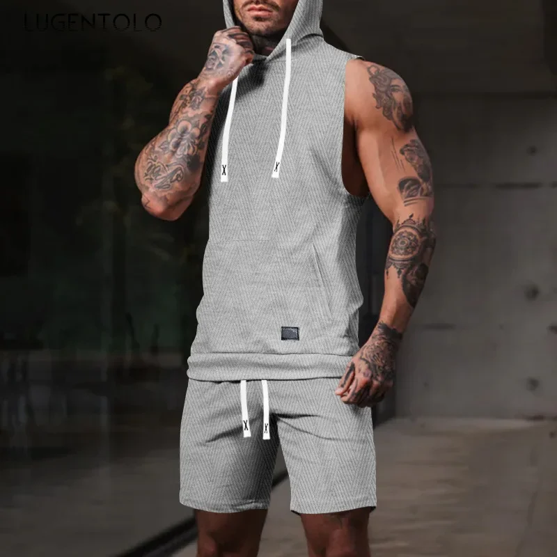 Men Casual 2 Piece Set Fashion Jacquard Knitted T-shirt Hooded Sleeveless Vest Elastic Waist Shorts Jogging Fitness Apparel