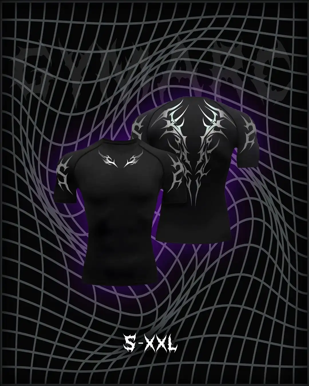 

02-Men's Gothic Print Compression Tight Fit Short Sleeve Sports Shirt Workout Tops Gym Compression Breathable High Stretch
