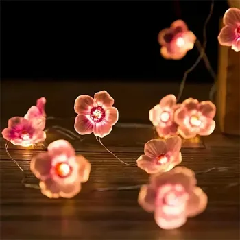 1PC 2M Long with 20LED Cherry Blossom Fairy Lights in Pink, Battery-Operated, Suitable for Indoor Wreath Decoration