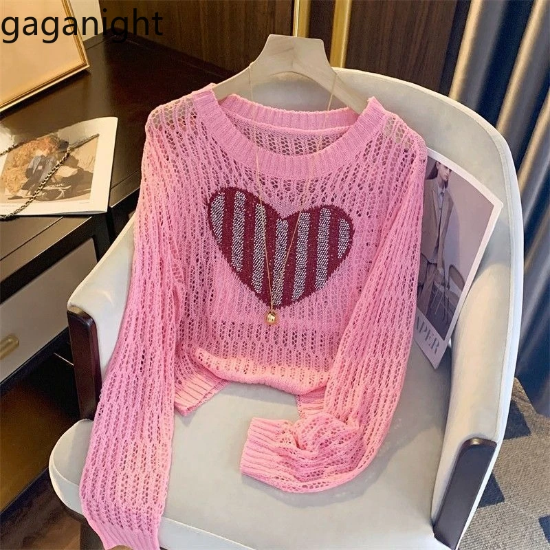 

Knitted Sweater Women Heart Hollow Out Long Sleeve Autumn Winter Fashion Pullover O Neck Vintage Fashion Jumper