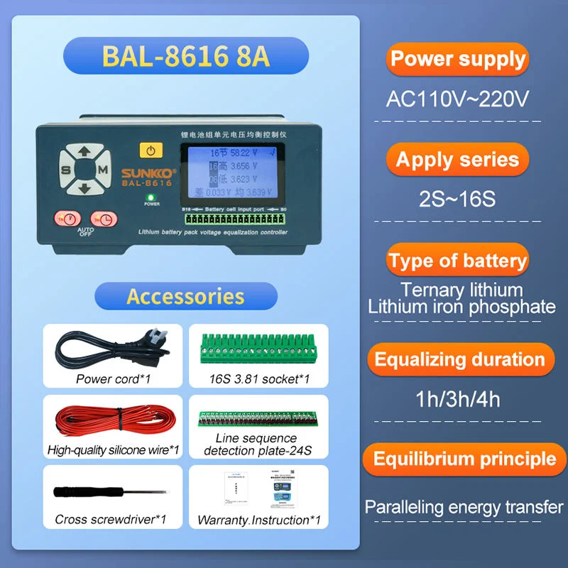 SUNKKO BAL-5616/ 8616 5A/8A 2S -16S Lithium Battery Pack Capacity Repair Battery Voltage Analysis Balancer Active Equalizer