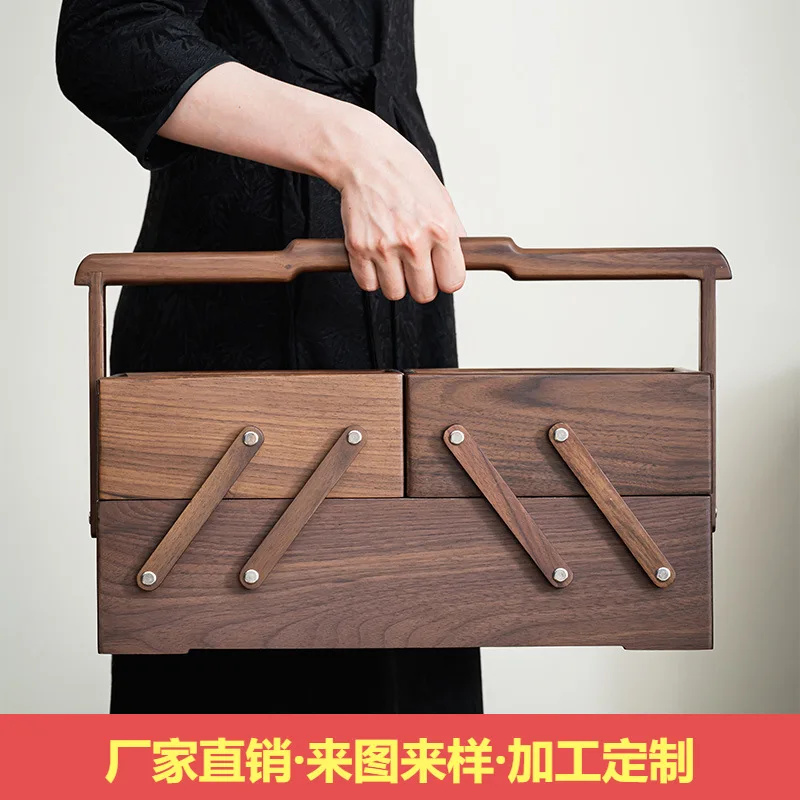 

Многослойная портативная коробка из цельного дерева черного ореха, портативная еда на открытом воздухе, новый китайский чайный сервиз, коробка для хранения кондитерских закусок