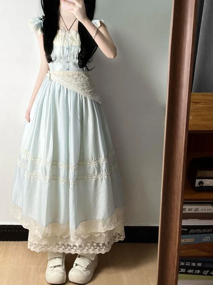 

Французское элегантное ретро милое синее платье женское новое дизайнерское модное кружевное лоскутное платье 2025 летняя милая одежда Y2k горячая распродажа