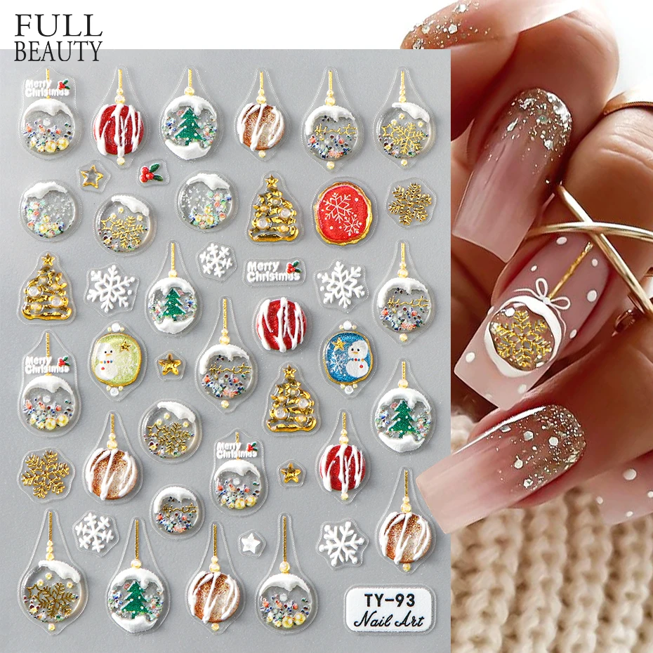 Gold Winter Snowflakes Nail Sticker Cute Christmas Snowman Nail Decals Acrylic Gel Adhesive 5D Stickers Decorations for Manicure