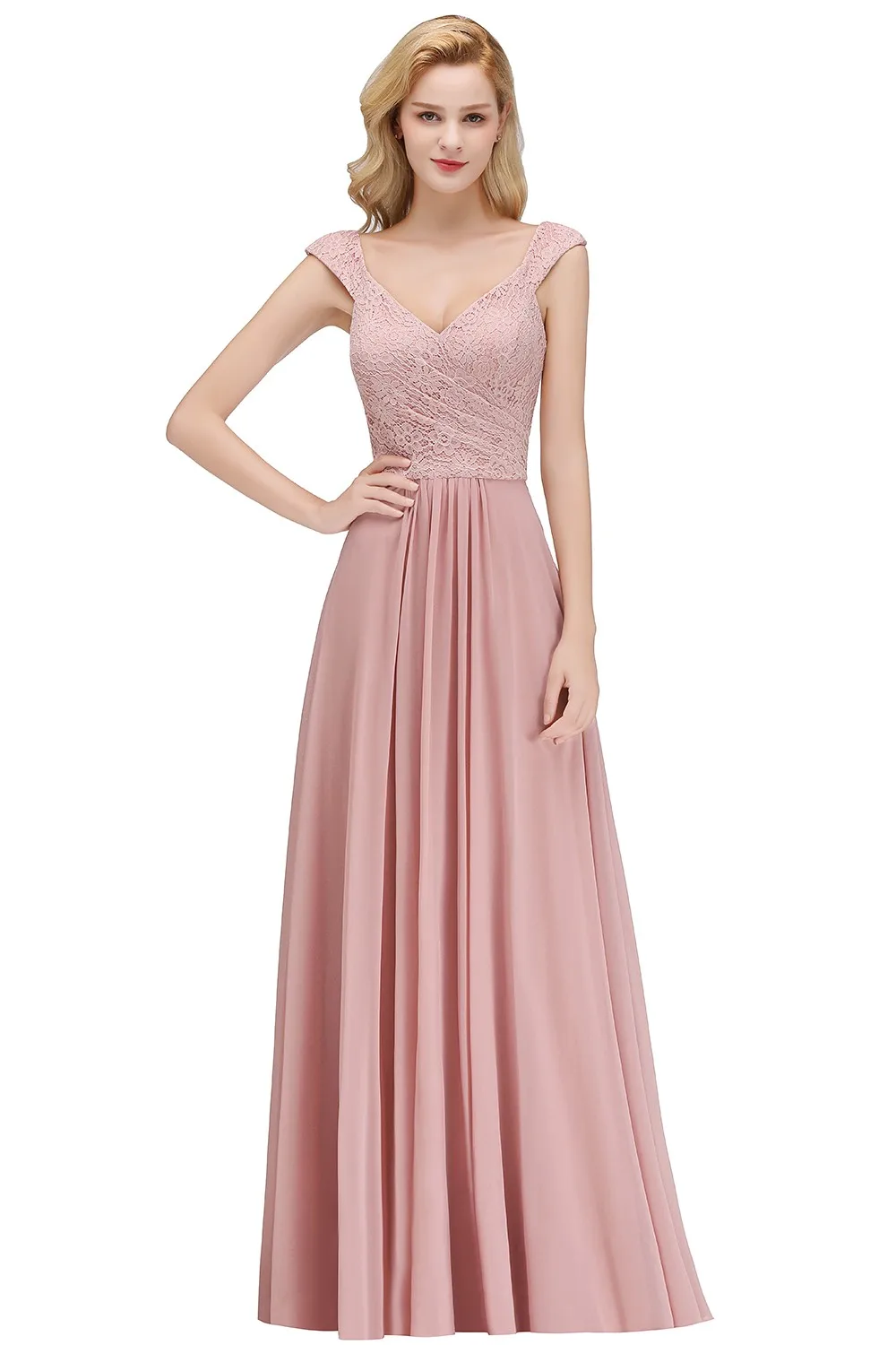 Lace Chiffon Evening Dresses Women Long Pleat A Line V Neck Sleeveless Bridesmaid Formal Wedding Party Prom Gowns Robe De Soiree