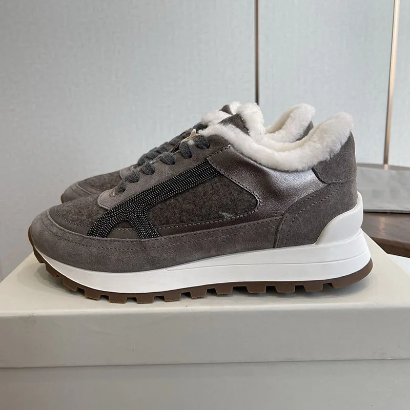 Sneakers Women String Bead Thick Bottom Casual Shoes Round Toe Lace Up Daddy Shoes Winter Real Wool Lining Warm Flat Shoes