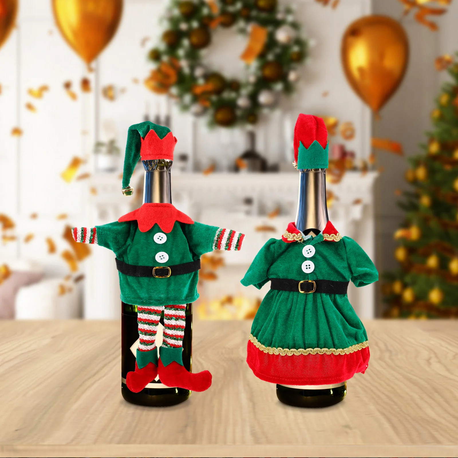 

2Pcs Christmas Elf Wine Bottle Cover Non-Woven Reusable Party Decoration Decorative Bottle Sleeve for Holiday Celebration