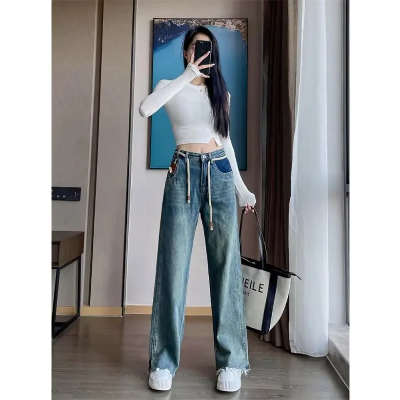 Damesjeans Wijde broek Baggy jeans Hoge taille Gewassen blauw 2025, Herfst Winter Koreaanse mode Veelzijdige slim fit broek