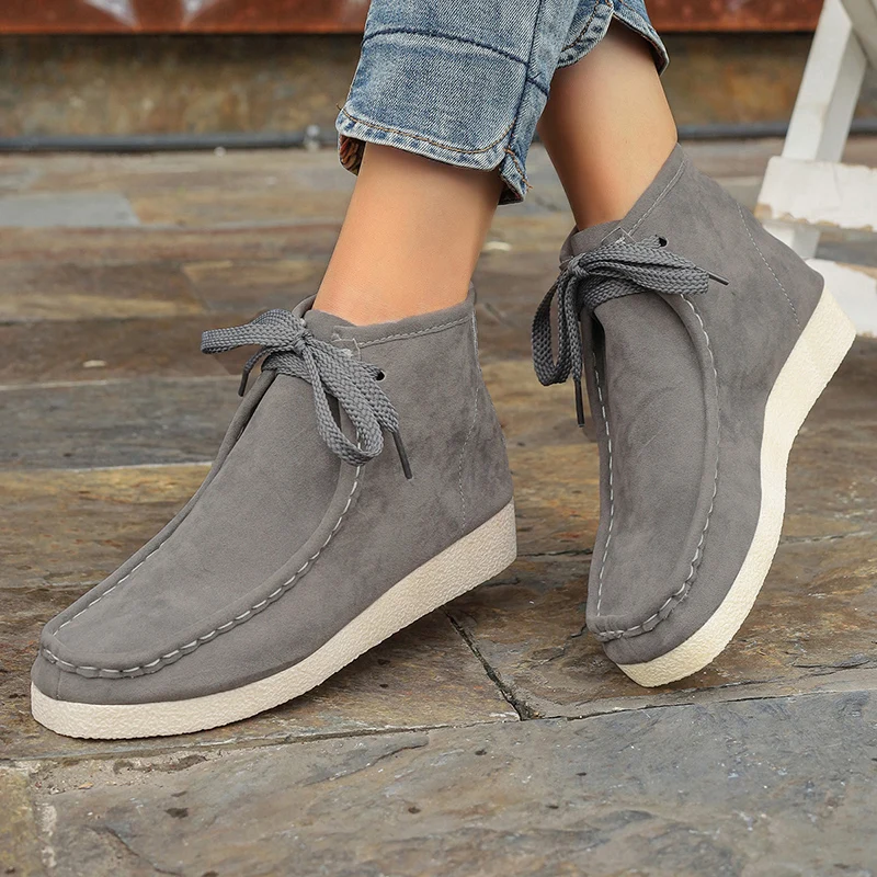 Women\'s Solid-color Flock Flat Boots Leisure Lace Up Soft Sole Shoes Boats Comfortable Lightweight Non Slip Ankle Boots