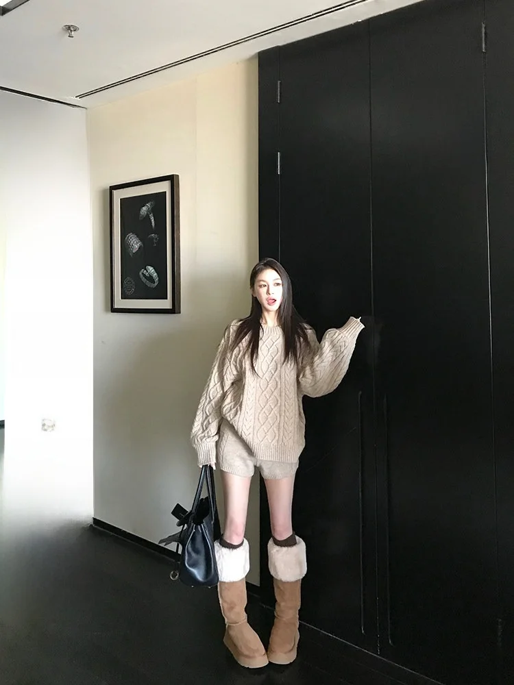 

Skk Store Warm Winter Knitwear Women's round Ne Woolen Twisted Sweater ort Pants Set Comfortable Breathable Faionable