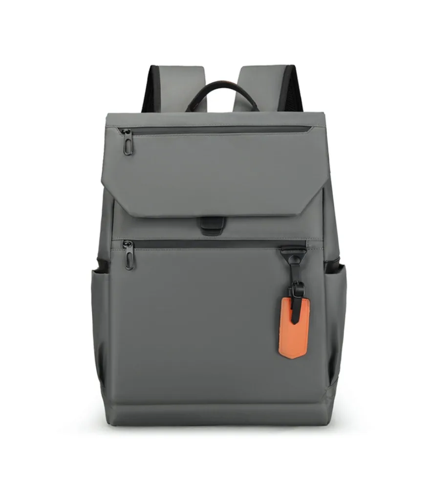 Gray Flap Top Casual Business Backpack with Orange Tag Detail Water Resistant Fabric Suitable for Office Commute Work Trips