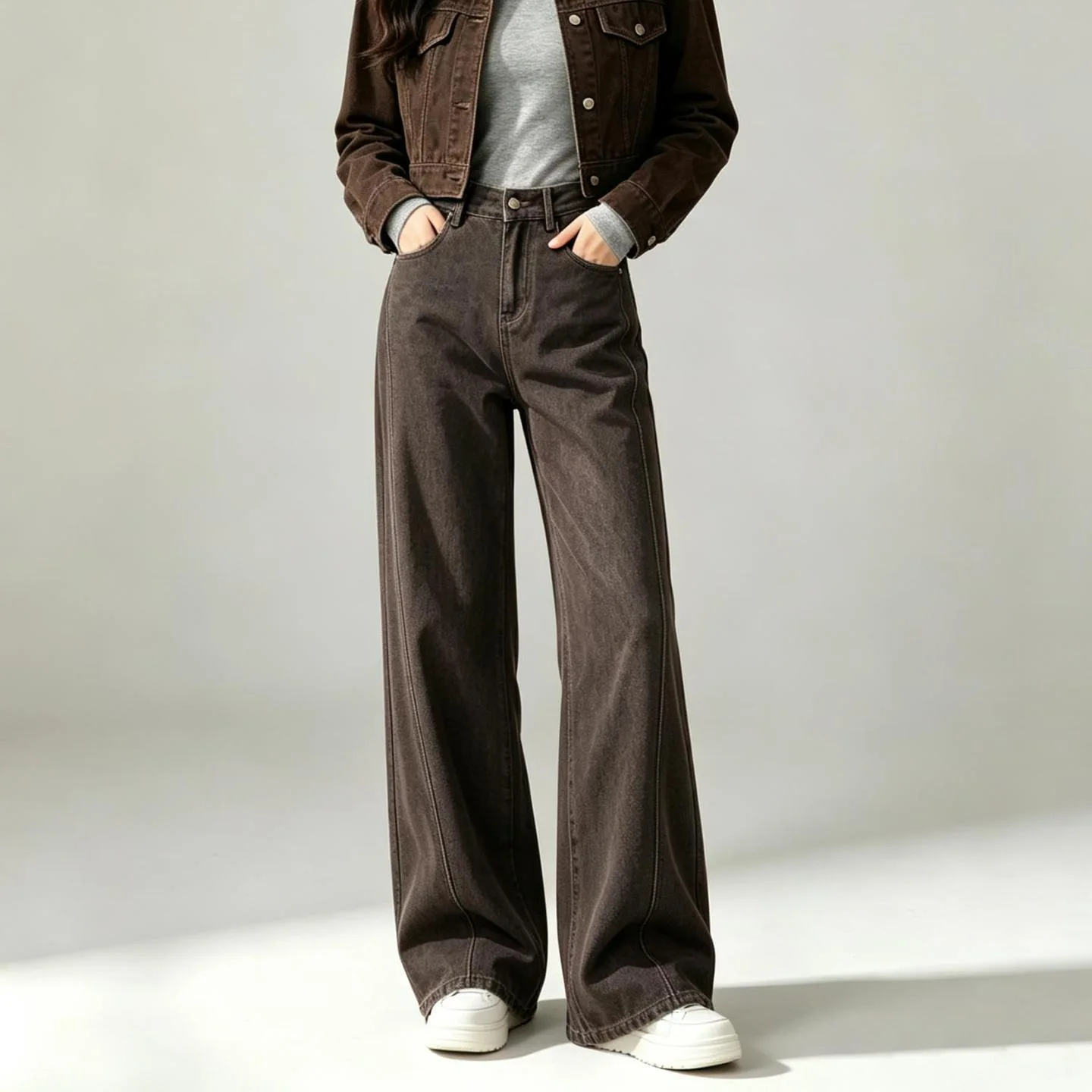 High Waist Coffee Pocket Casual Long Wide Leg Jeans Pants New Trousers Women Fashion Trousers Tide Autumn Casual Workwear Style