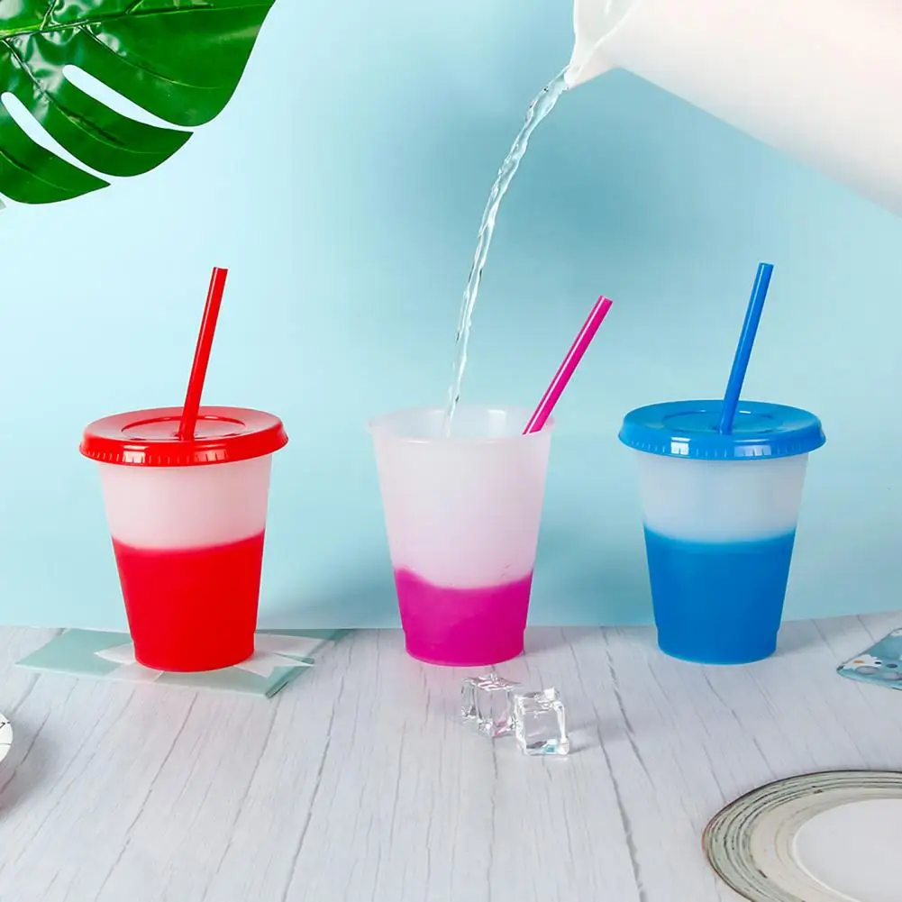 473ml Water Cup Large Capacity Lidded Color Changing Plastic Translucent Straw Cup Food Grade BPA Free Drinking Cup For School