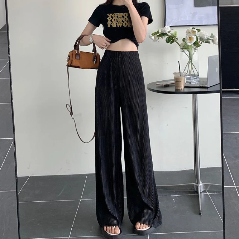 Ice Silk Elastic Waist Loose Casual Wide Leg Pants Summer New Solid Simplicity Fashion Straight Pants Trend Korean Women Clothes