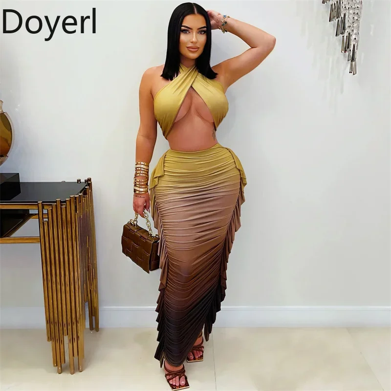 

Doyerl Gradient Print Maxi Dress Sets Woman 2 Piece Sexy Club Outfit Halter Crop Top and Side Ruffles Ruched Long Skirts Holiday