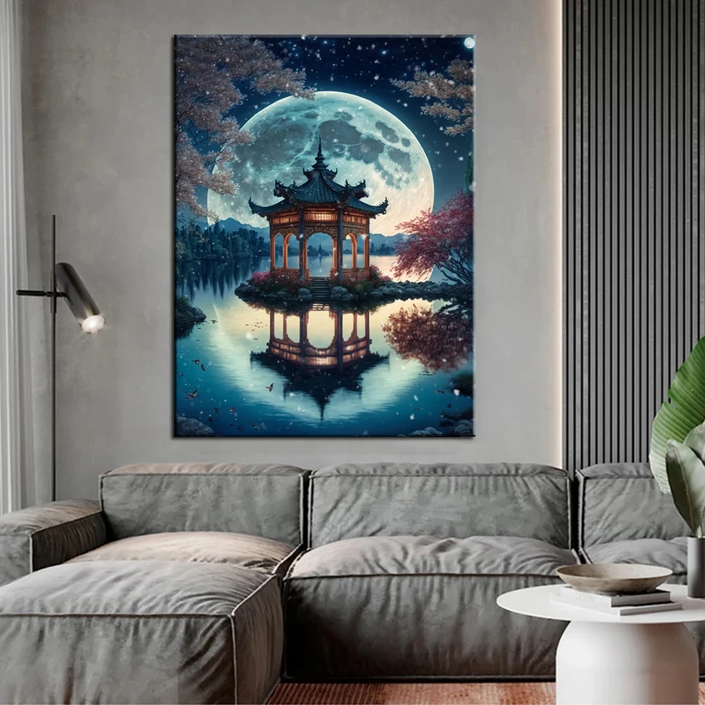 5D Diy Diamond Embroidery Beautiful moon and a pavilion in the lake Diamond Painting Cross stitch Needleworks Home Decor J3509