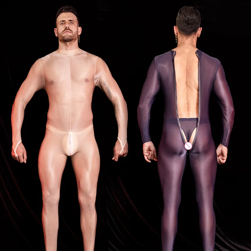 Sexy Men\'s Bodysuit Oil Shiny Glossy Tights Long Sleeves High Elastic Jumpsuits Exotic Leotard Thin Sheer Catsuit Body Stockings