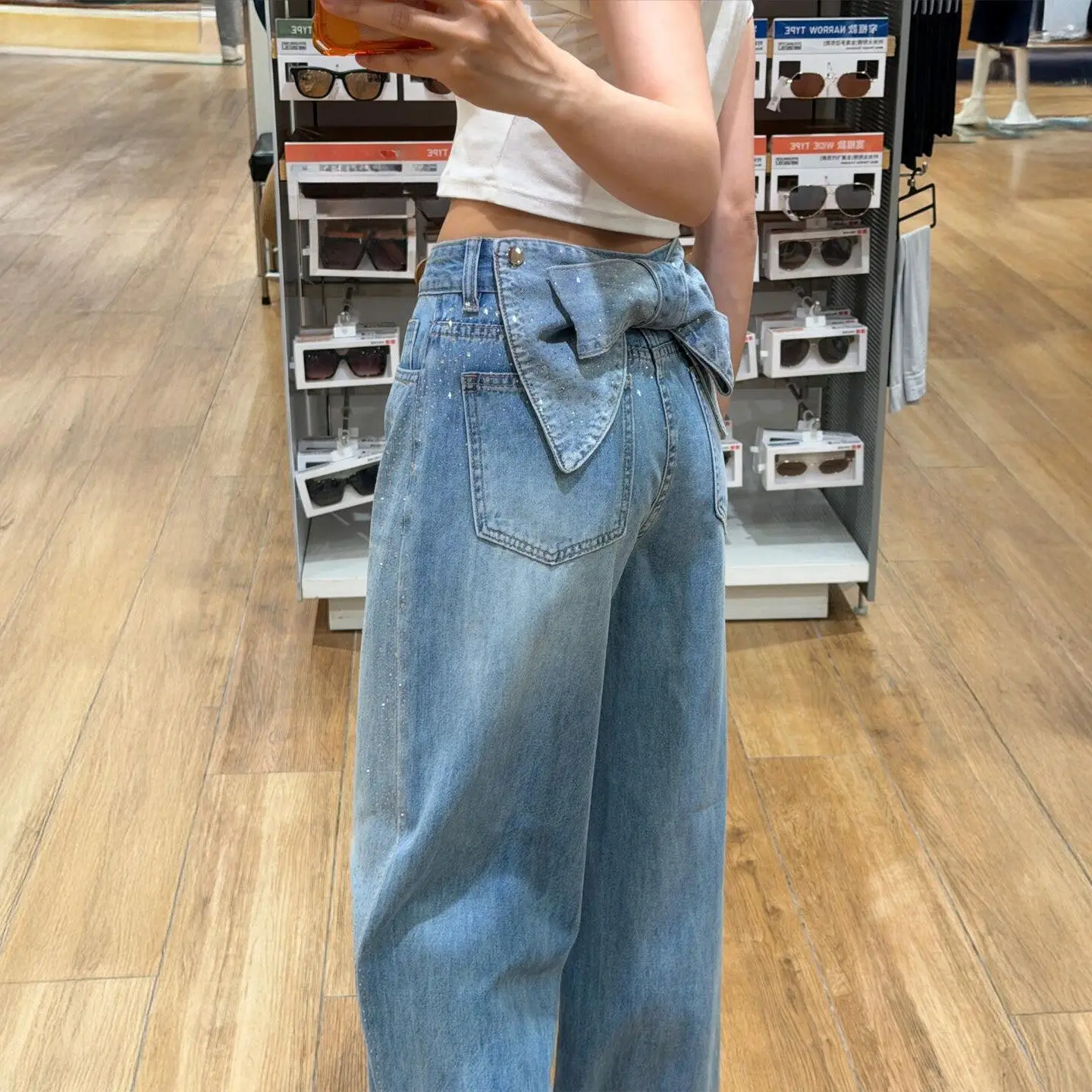 American Spice Girl Removable Bow Design Jeans Children's Spring New Vintage Hot Splicing Mopping Pants