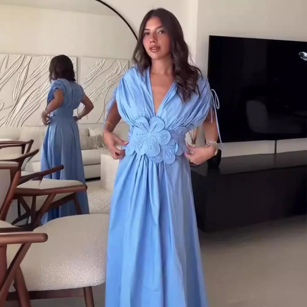 أنيقة 3D زهرة الصلبة مطوي فستان طويل المرأة شيك الخامس الرقبة قصيرة الأكمام الرباط الدانتيل يصل الجلباب الصيف سيدة فساتين الموضة