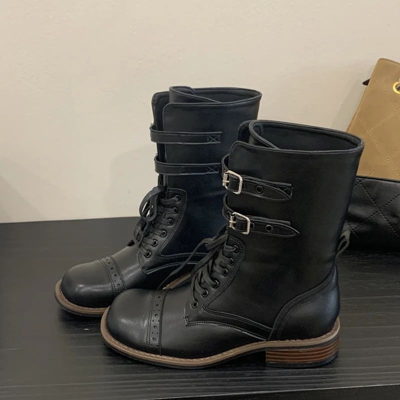 

Eilyken модный дизайн, женские сапоги до колена с узкими ремешками на шнуровке, винтажные весенне-осенние туфли на низком квадратном каблуке с круглым носком