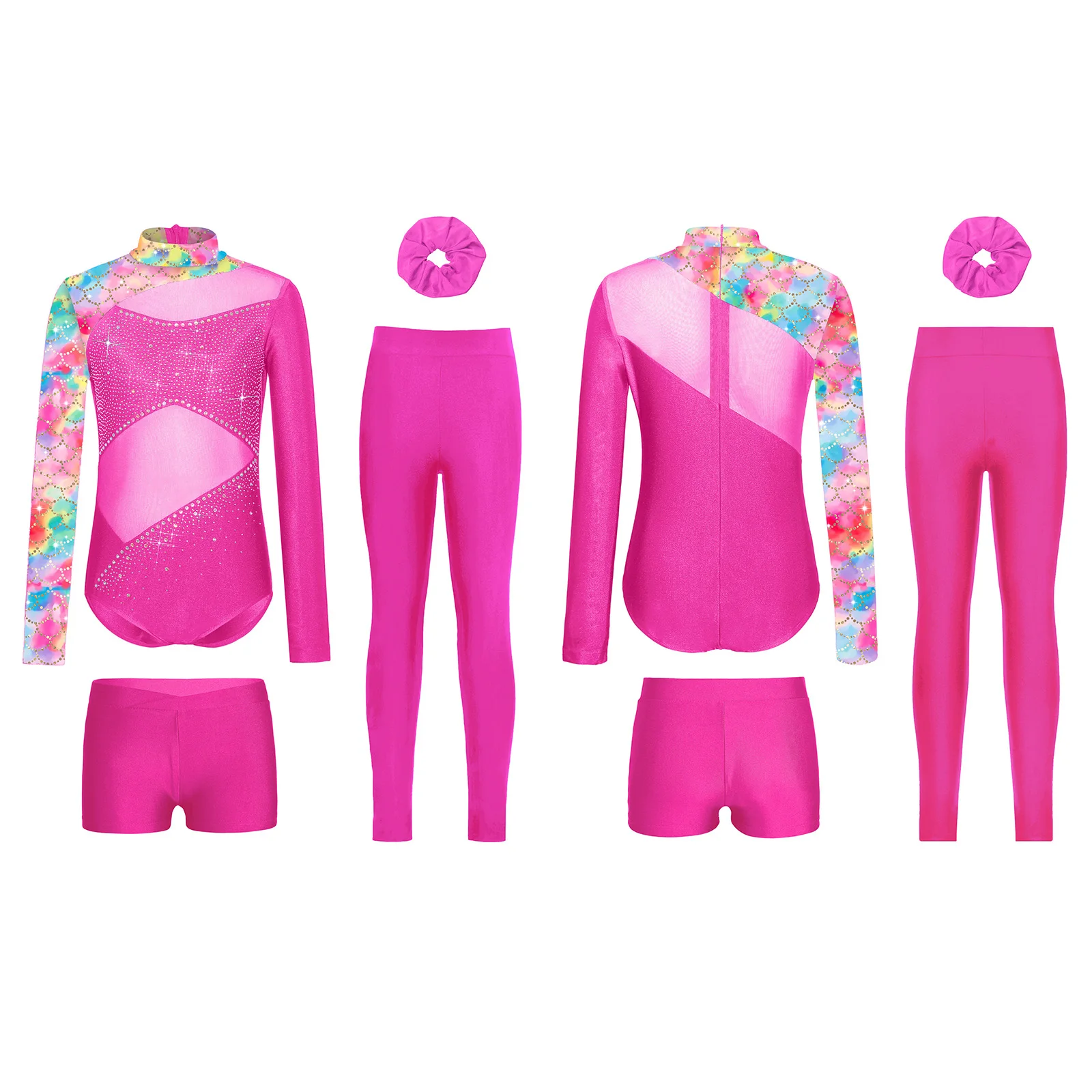 

Kids Girls Gymnastics Dance Clothes Set Long Sleeve Shiny Rhinestones Ballet Jazz Dance Bodysuit Shorts Long Pants and Hair Tie