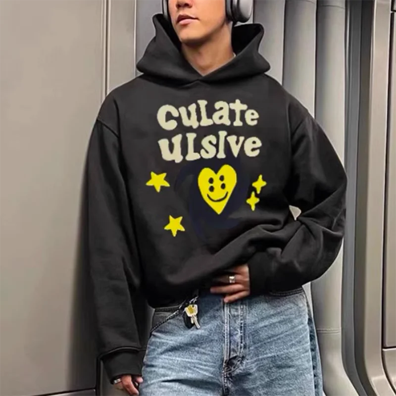 High Street Letter Yellow Stars Foaming Puff Fleece Hooded Sweatshirts Mens and Womens Pullover Casual Baggy Hoodies Oversized