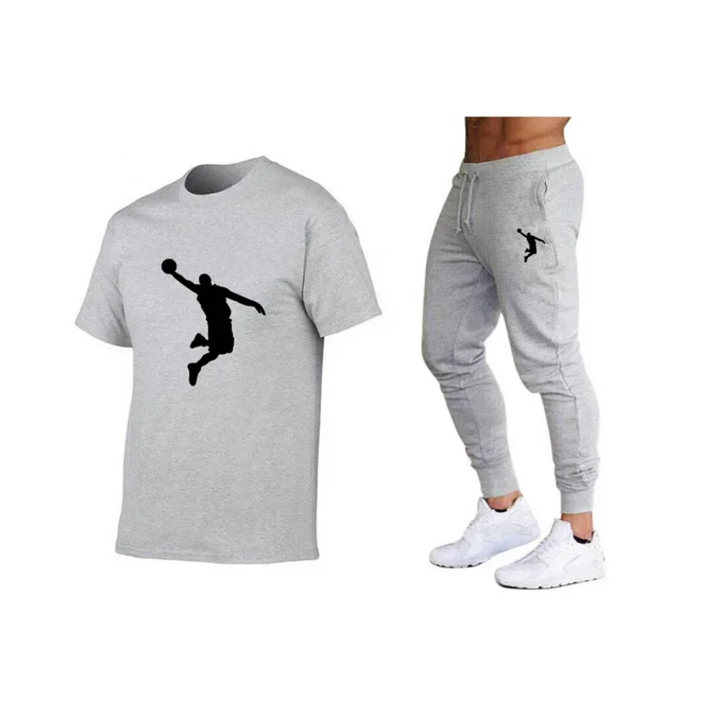 Ropa deportiva de Hip-hop para hombre, Conjunto de camiseta y pantalones, traje de Fitness para correr, camiseta informal, cuello redondo, verano,