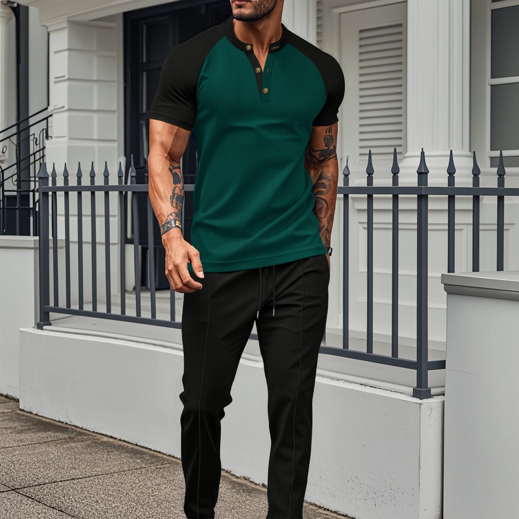 2025 Europe and the United States cross-border summer new color matching casual waffle collar short-sleeved men's pants suit