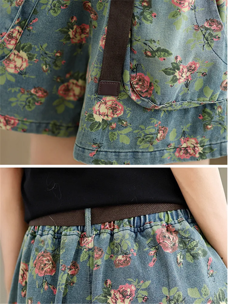 Jeans Zomer Bloemenprint Mini Wijde Pijpen Shorts Vrouwen Casual Losse Grote Zak Geplooide Vrouw Elastische Taille Denim Shorts