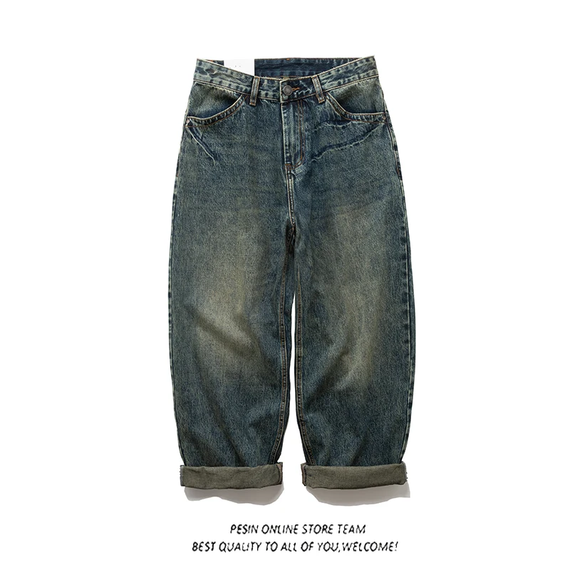 

Wu Wen Le Japanese Sle Retro Waed Yellow Clay Dye Straight Leg Jeans Men Loose Wide Leg Pants Youth Casual Denim Jeans