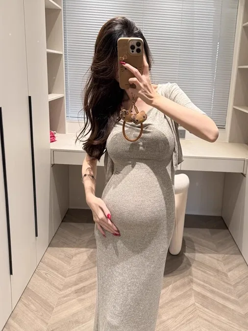 maternity-summer-long-dress-women's-fashionable-two-piece-set-slimming-korean-style-nursing-mothers-dress-cotton-knitted-a-li