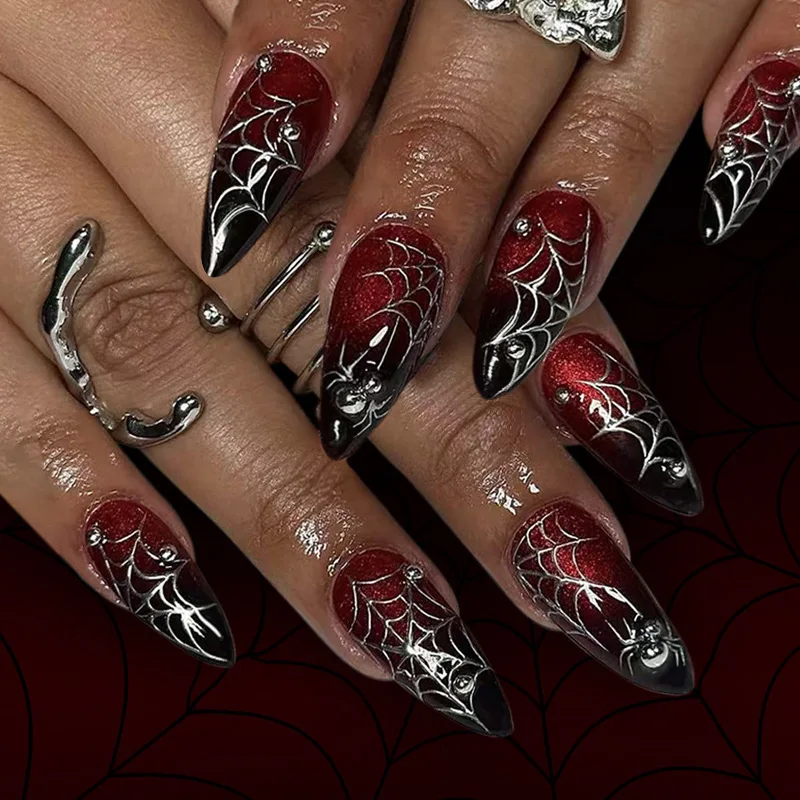 24 Pieces of Halloween New Gradual Change Dark Red Loose Powder Hand-worn Armor Spider Web Almond Nail Patch