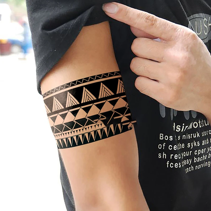 Black and White Arm Ring Geometry Temporary Tattoo Men Women Half Arm Personality Thigh Waterproof Tattoo Stickers