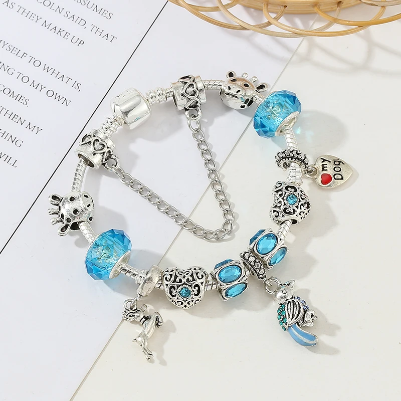 Style Enamel Bird Pendant Charm Bracelets With Blue Murano Crystal Beads Brand Bracelets For Women Jewelry Gift Pulsera
