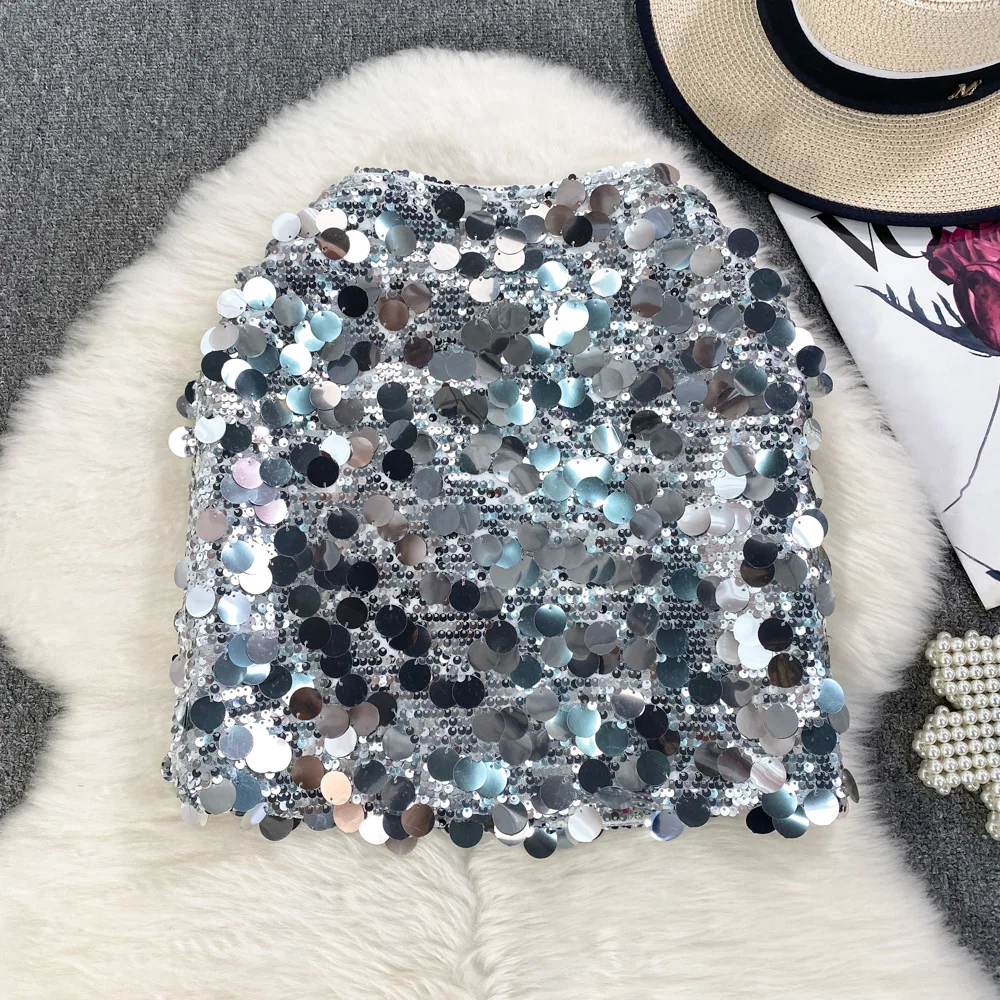 

2023 летние новые модные женские высококачественные повседневные модные сексуальные мини-юбки с высокой талией выше колена и блестками, женская одежда