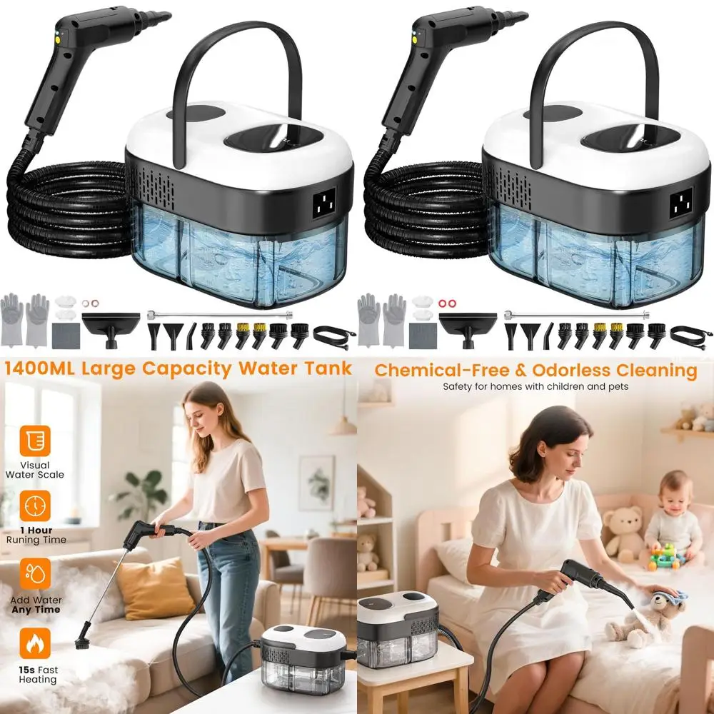 

Ручной пароочиститель с 3 уровнями регулировки, нагрев за 15 секунд, бак 1,4 л, мощность 2500 Вт для уборки различных поверхностей дома и в автомобиле