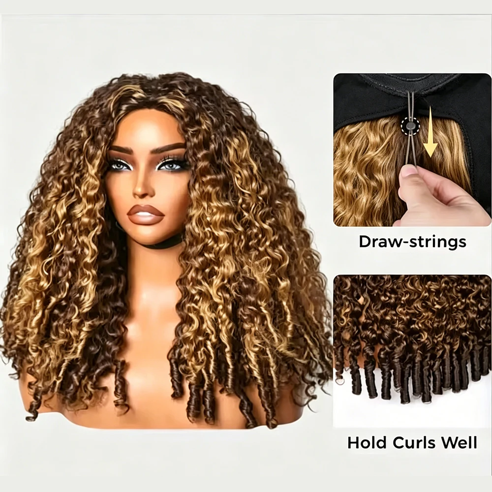 38 Inch P4/27 Honey Blonde Burmese Curly Half Wig 210% Density Full Machine Made Human Hair Drawstring Seamless Clip Beginner Friendly Curly Wigs For Women Ready to Wear Natural Style Seamless Flip Over Drawstring Headband Wigs Wear Go With Drawstring