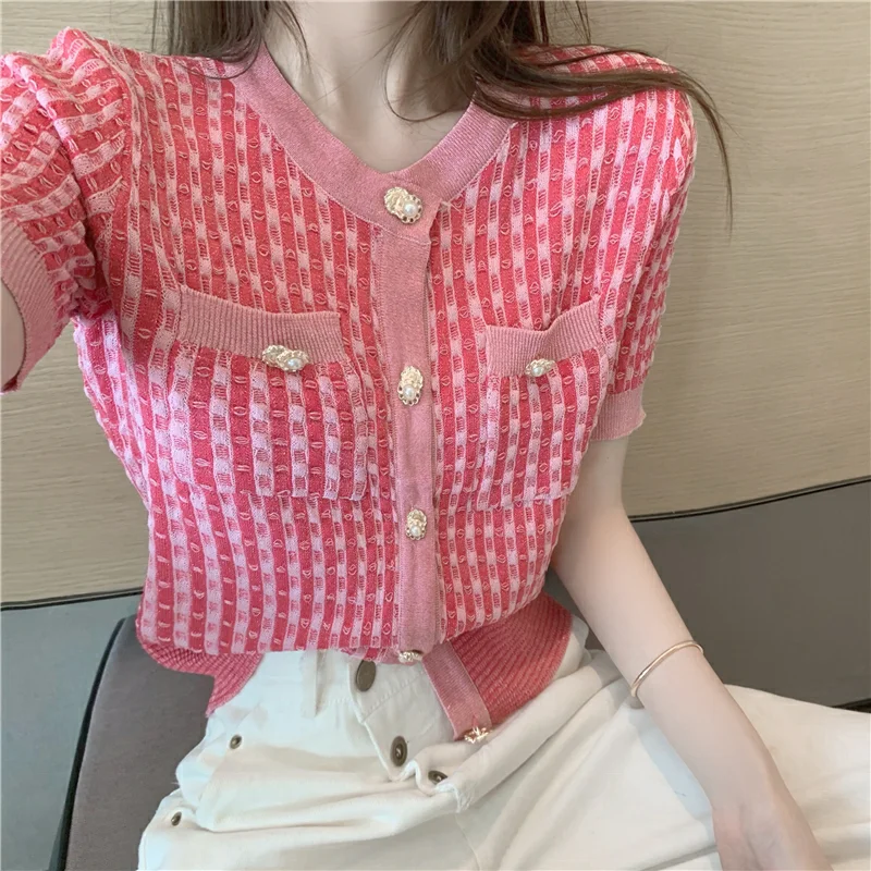 

Summer Fashionable Knitting Short Sleeve T-Shirts Women Clothes Korean Fashion Patchwork Buttons Striped O-neck Cardigan Top Tee