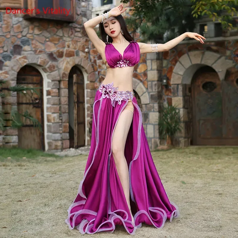 Traje de danza del vientre para mujer, conjunto de ropa de rendimiento, falda Swing grande dividida, sujetador de satén, ropa de competición de gama alta, ropa de Baile Oriental