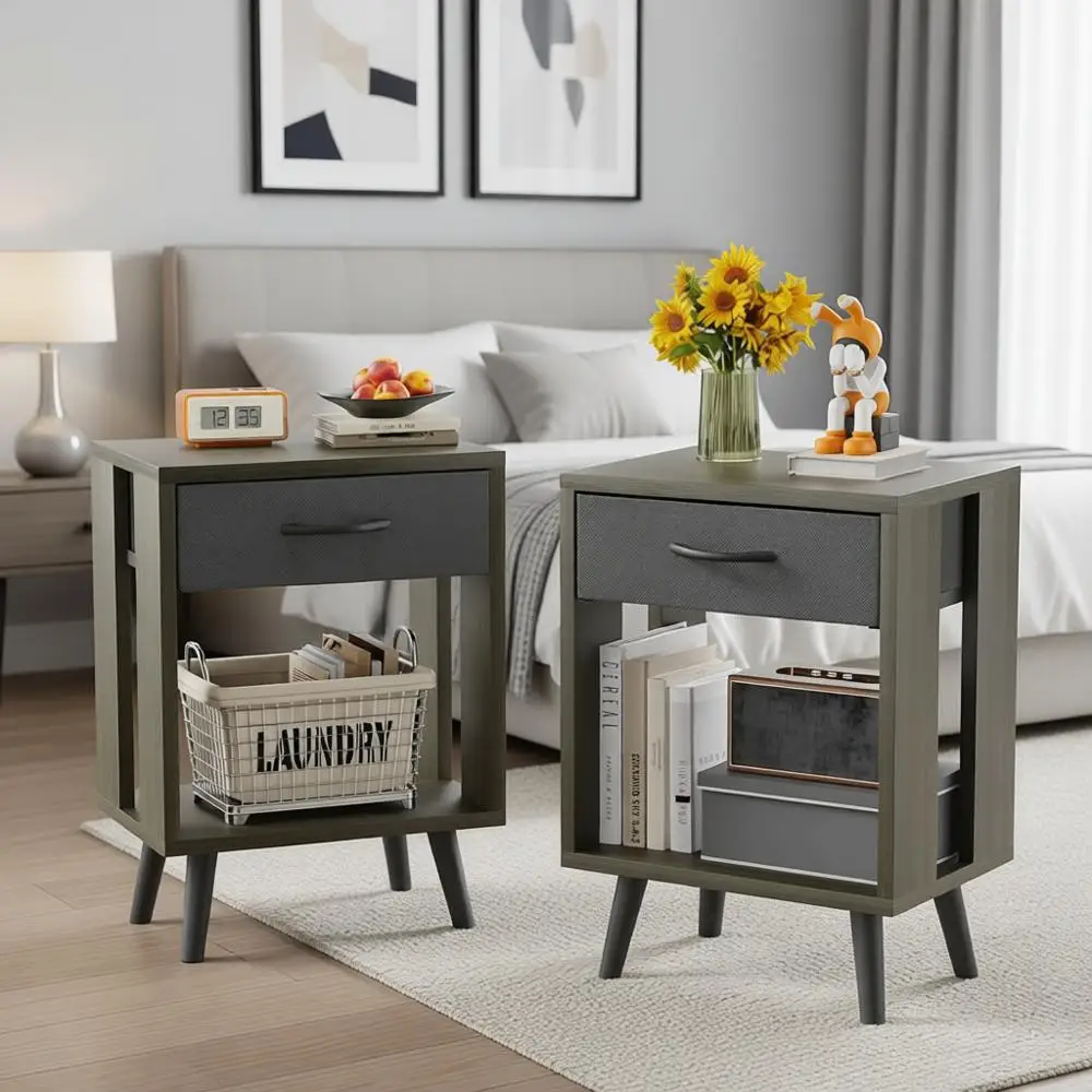

Pair of Black Fabric and Wood Nightstands with Storage, Gray, 23.7 High