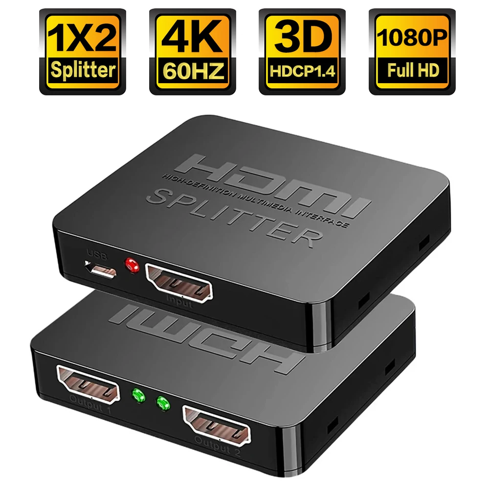 4K 60HZ HDMI Splitter 1x2 HDMI Video Distributor 1 in 2 out Switch Amplifier 1080P Dual Display for PS4 Apple TV XBox PS5