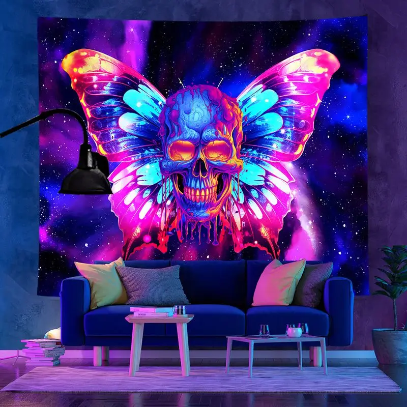 VIKAMA Painted Butterfly Rose Skull Tapestry, Gothic Floral Wall Art Background Cloth for Dark Romantic Decor