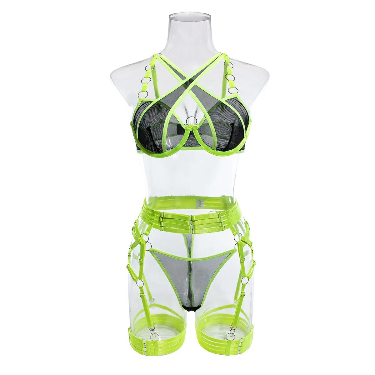Three Piece Hot Selling Spliced Underwear Bra with Steel Ring Sexy Contrast Color Intimates Set Women's Mesh Exotic Apparel Suit