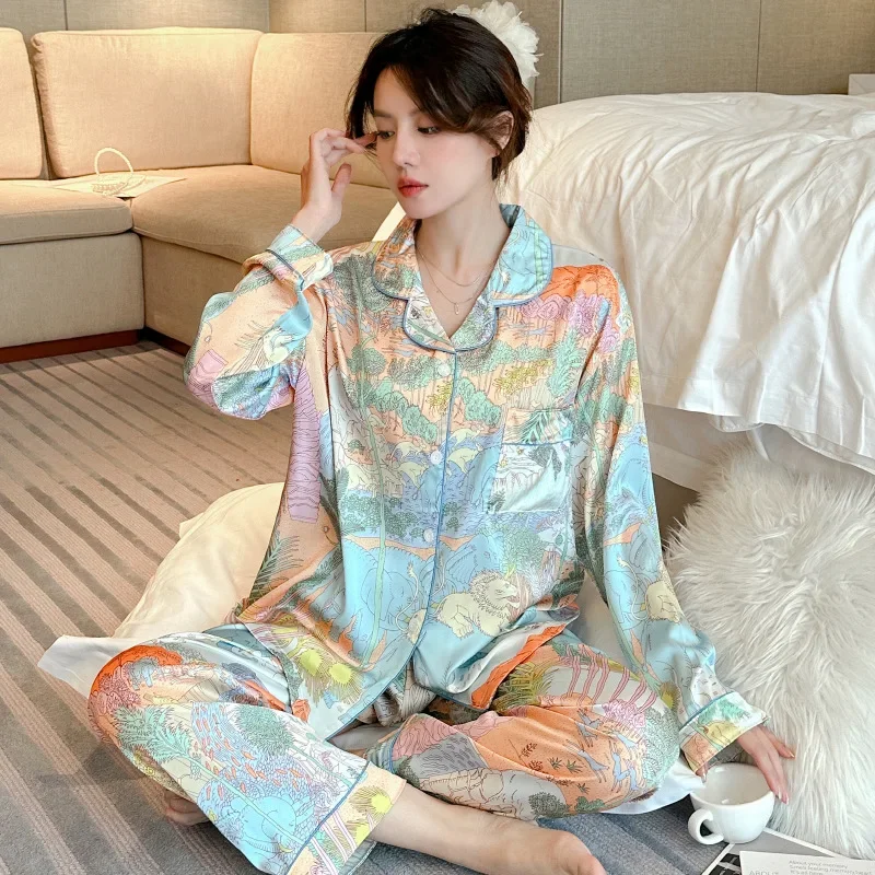 Women\'s Pajamas Sets Spring Autumn 2 Piece Print Pyjama Faux Silk Satin Sleepwear Long Sleeve Pijama Mujer Pjs Homewear