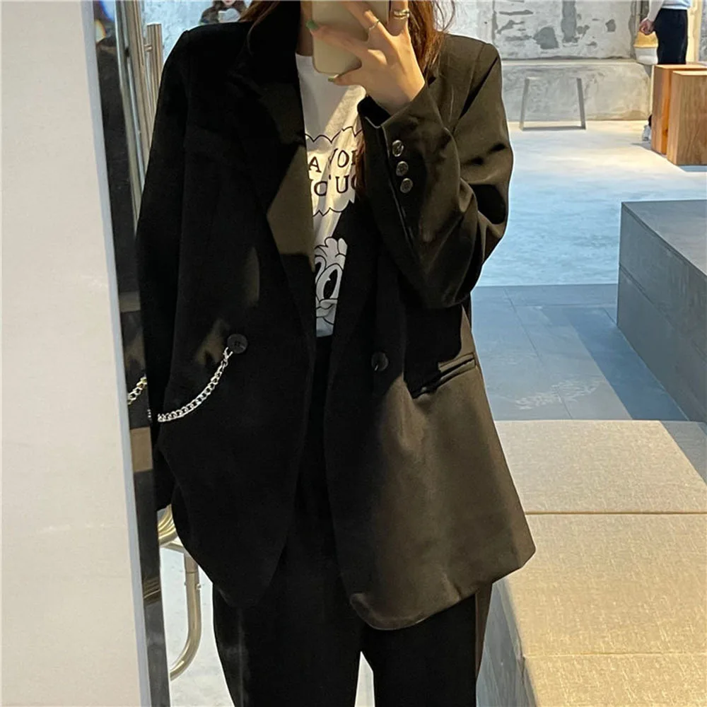 2023 Spring Autumn New Suit Jacket Women\'s Trendy Dark Black Retro Loose Street Blazers Women Vintage Chain Casual Coats Ladies