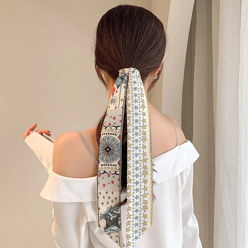 2023 New Fashion Silk Scarf Hair Band Long Ribbon Bow Korean Printing Letter Hair Scarf Women Ponytail Holder Hair Accessories