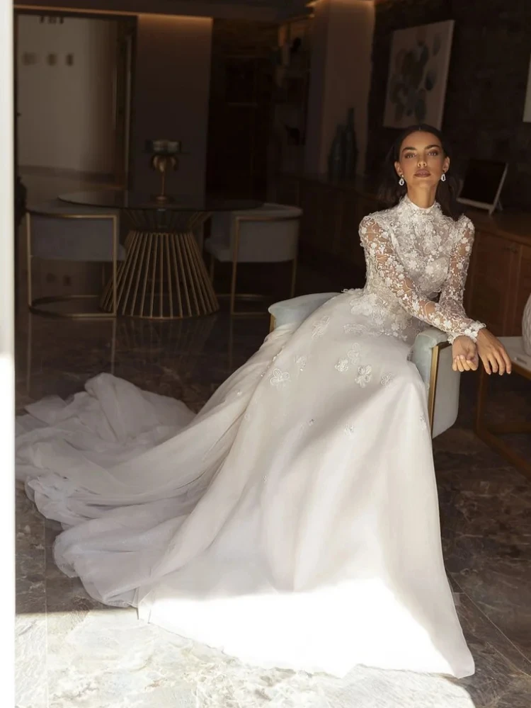 Charming A Line Wedding Dress Tulle With High Neck Beading Flowers With Lace Applique Full Sleeves Button Back Bridal Gowns