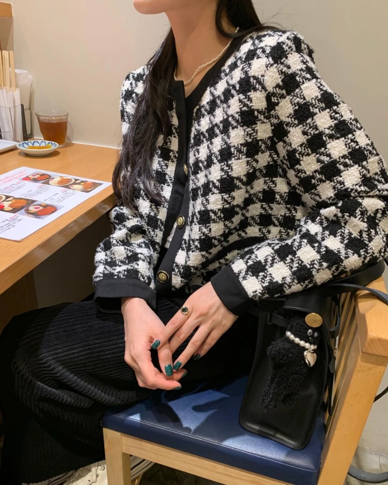 แจ็คเก็ตแขนยาวสำหรับผู้หญิงเสื้อแจ็คเก็ตคอกลมคอกลมผ้าทวีต Houndstooth เสื้อแจ็คเก็ต2024ผู้หญิงฤดูใบไม้ร่วงฤดูหนาว