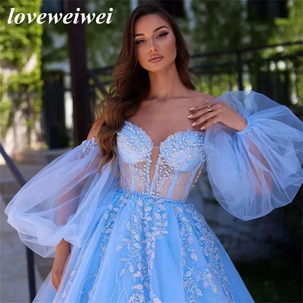 Charming Sky Blue Shiny Appliques Beaded Prom Dress Detachable Puff Sleeves Tulle Ball Gowns Corset Princess Evening Gown Dress