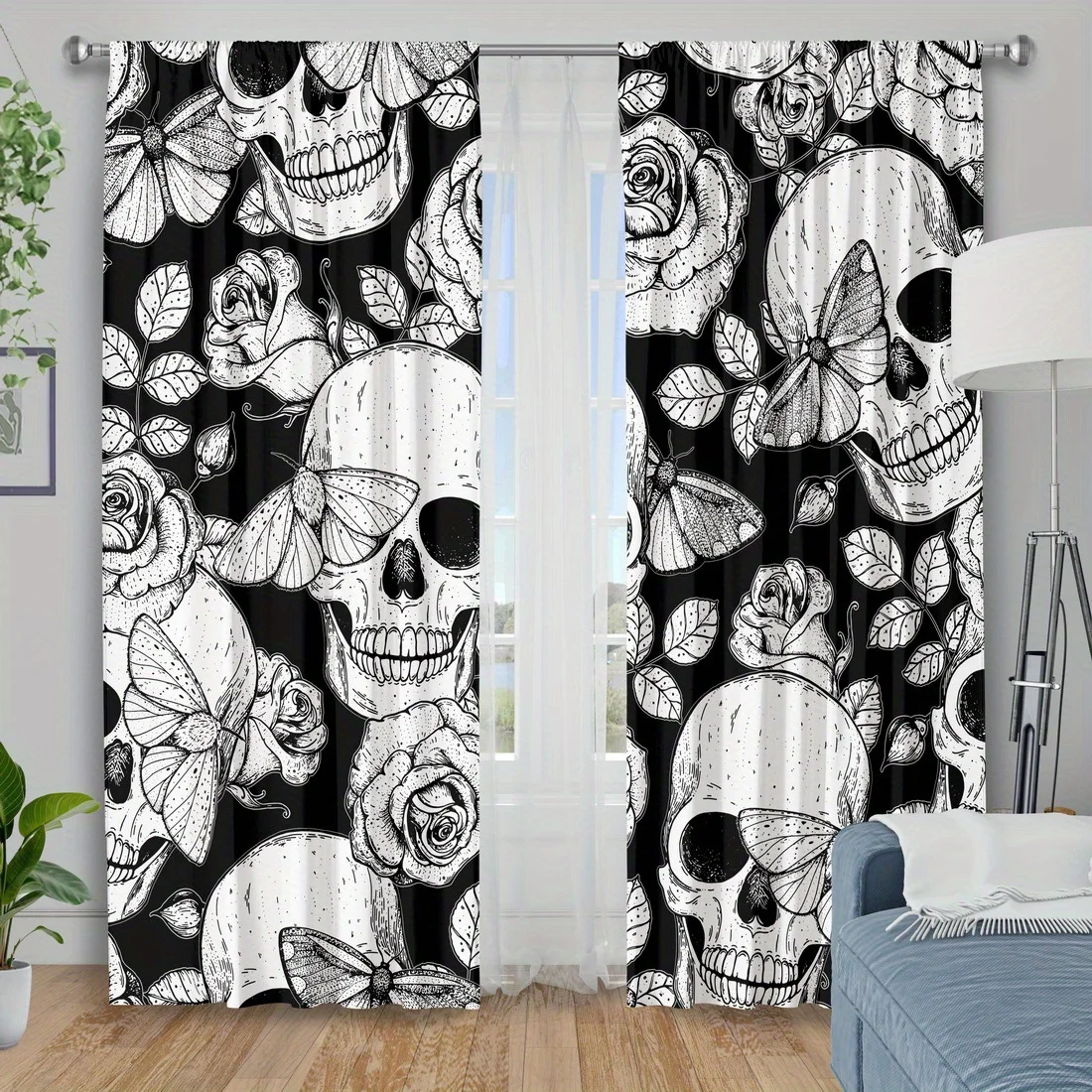Gothic Skull Rose Moth Curtain 2 Panels Black Background White Sketch Master Bedroom Print Window Curtain Dark Gothic Floral